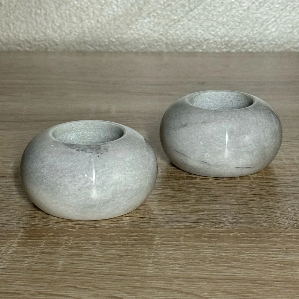 Fifth Avenue Set Of Two Marble Polished Set Of Two Gray Marble Candleholders